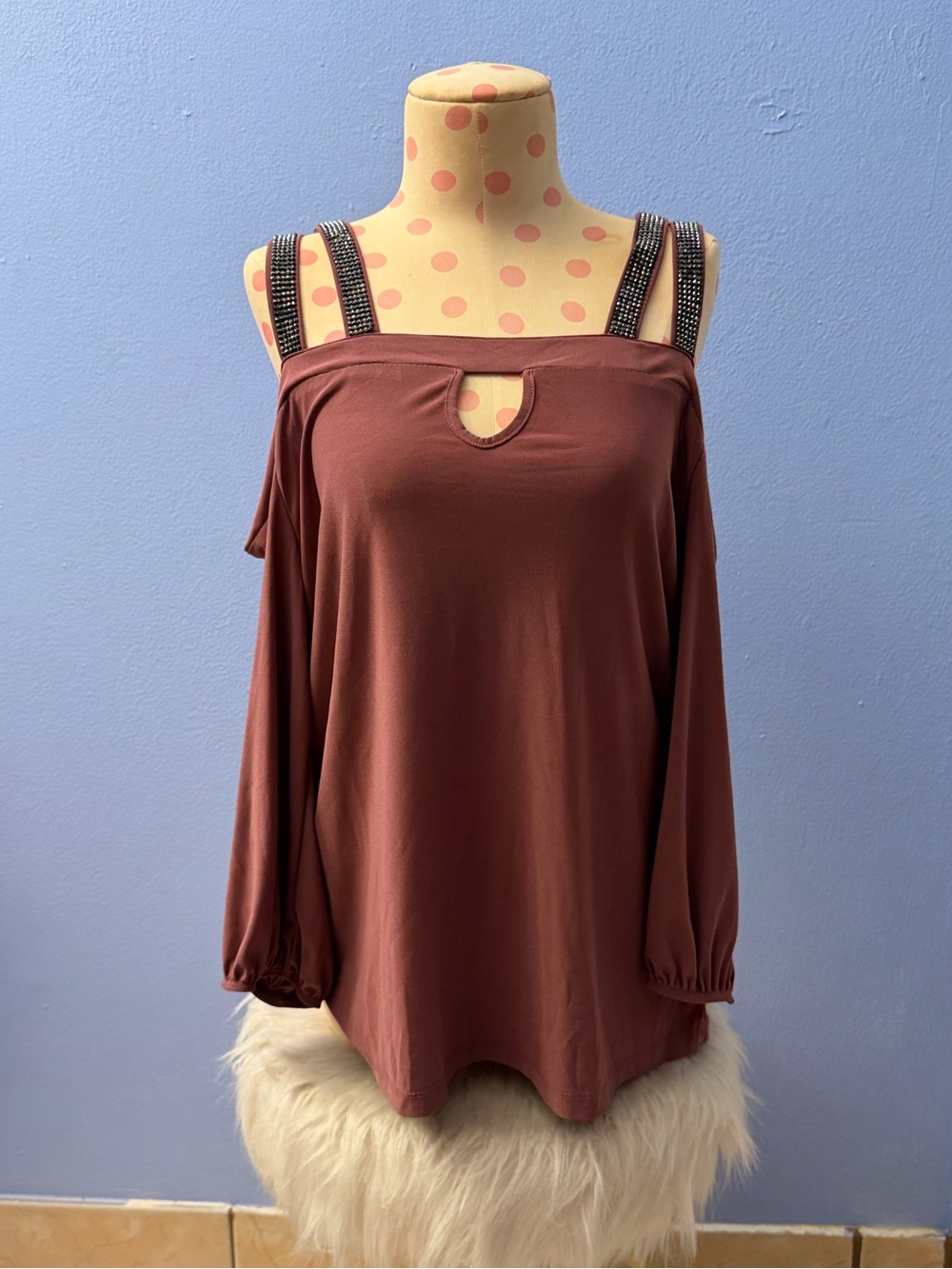 PerSeption Concept Rust Cold-Shoulder Long Sleeve Top with Embellished Straps